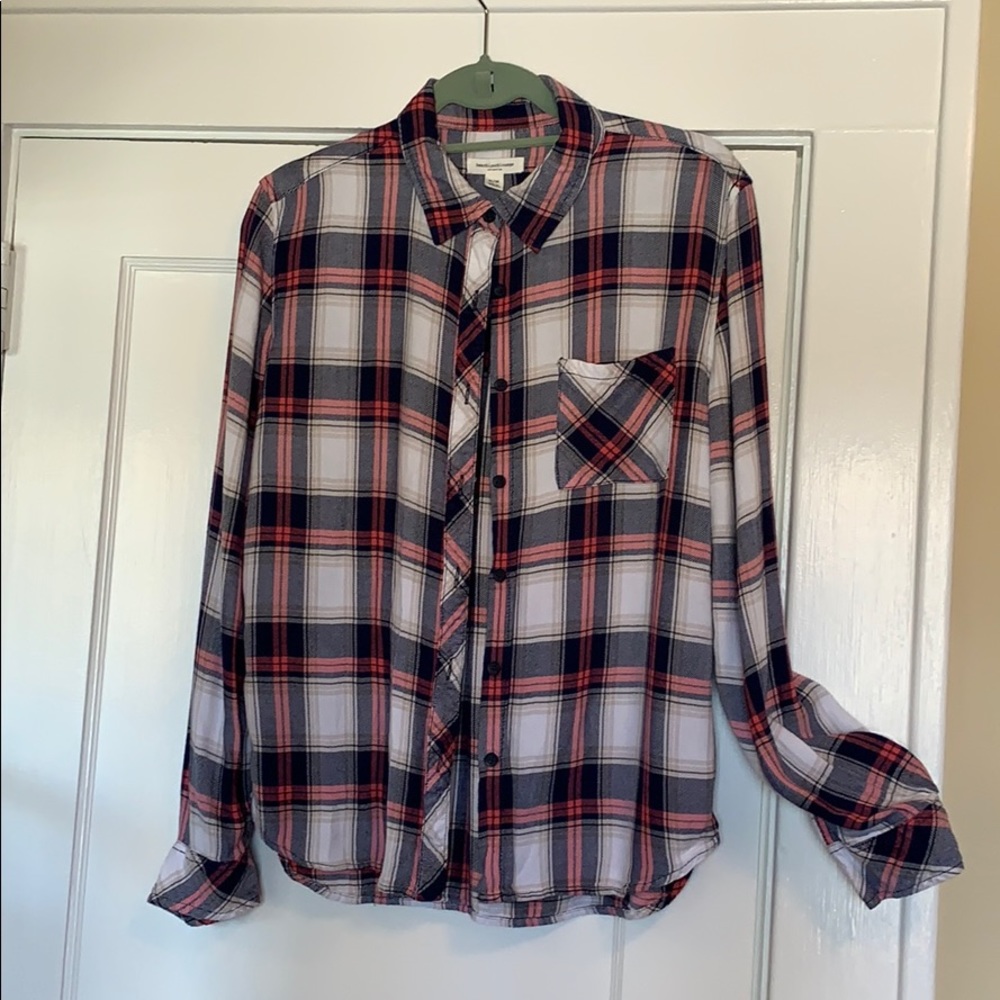 Plaid Button Up Top Navy Coral Tan White M